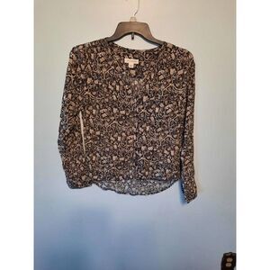 TREASURE & BOND Brown & Beige Shirred Floral V-neck Blouse w Shirt Tail Sz S